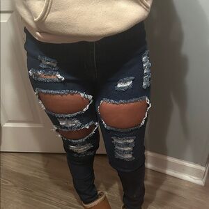 Fashion Nova High Rise Distressed Dark Blue Jeans